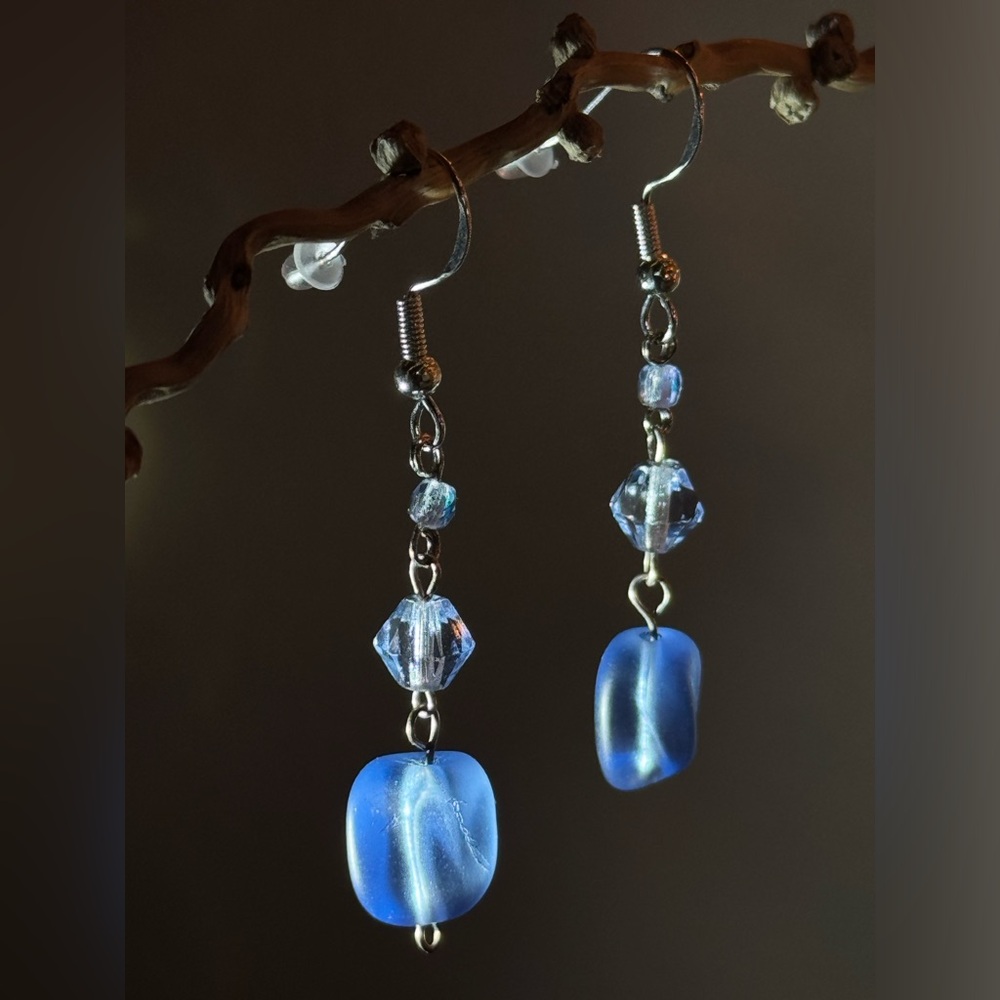 HAND CRAFTED Ice Blue "Sea Glass" Bead & Swarovski Crystal Accent Drop Earrings - Picture 7 of 14